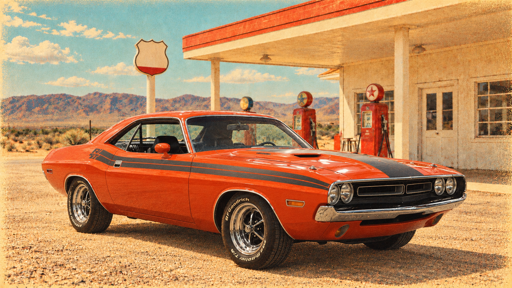 1971 Dodge Challenger at the same vintage roadside gas station