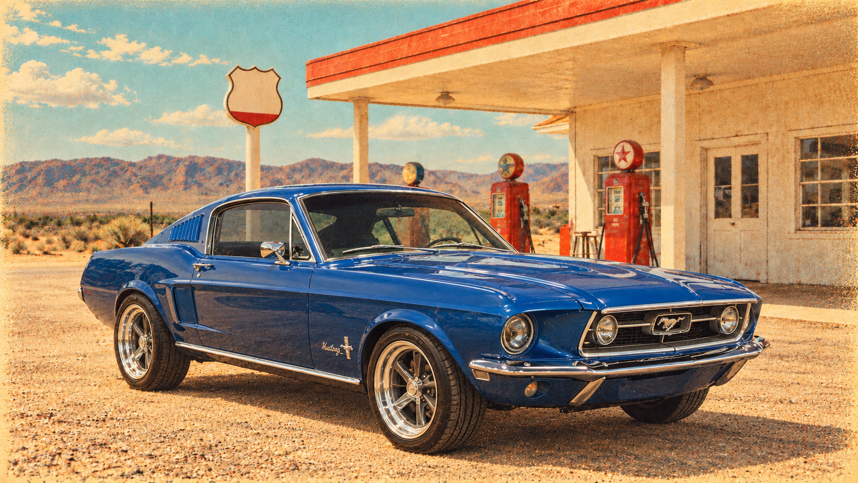 1968 Ford Mustang at the same vintage roadside gas station