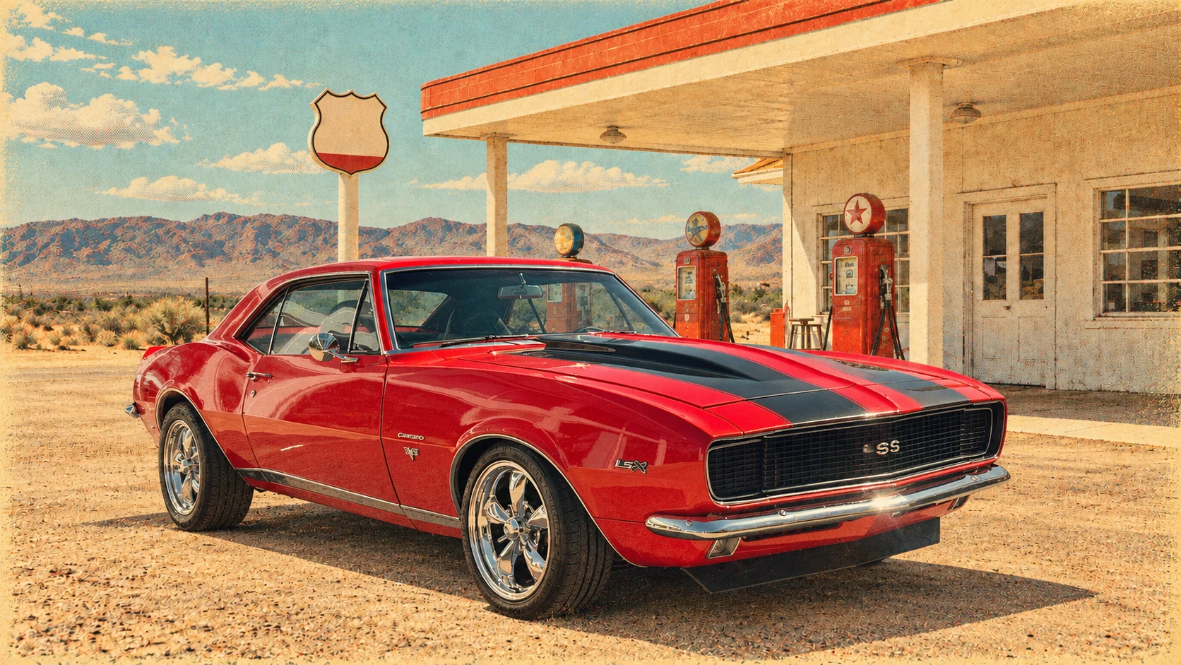 Red Chevrolet Camaro SS at a vintage roadside gas station